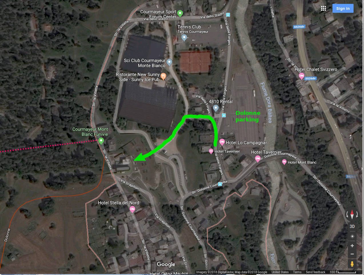 Map of route from Dolonne parking lot to tram