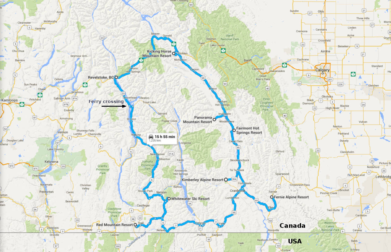 British Columbia BC Powder Highway map of ski resorts
