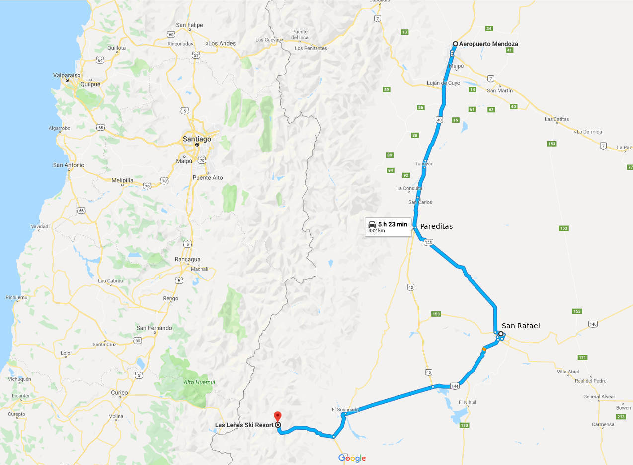 Driving route from Mendoza International Airport to Las Lenas ski resort
