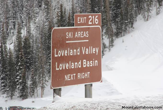 The Loveland ski area road sign