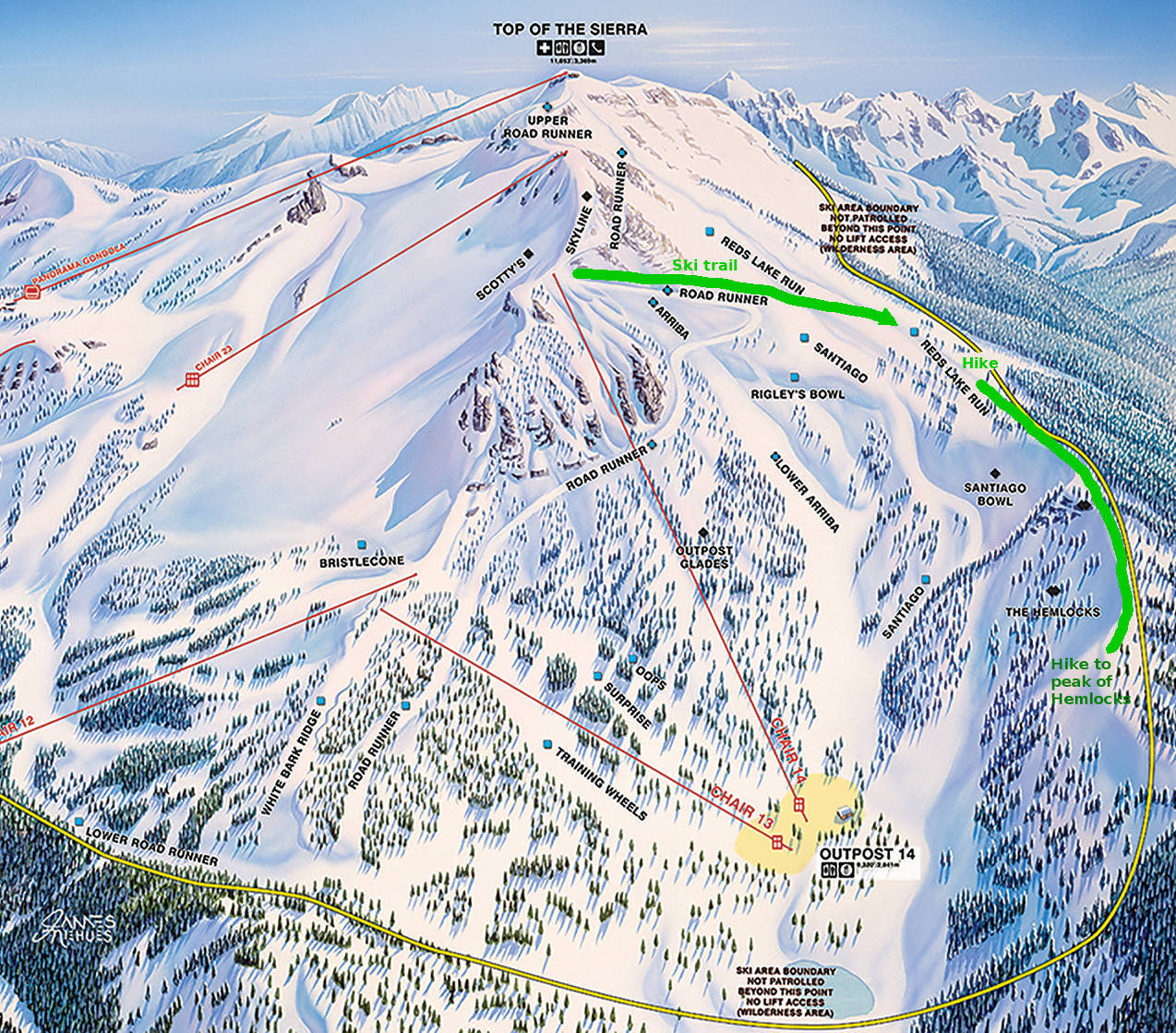 Mammoth Mountain Hemlocks Trail map of the backside