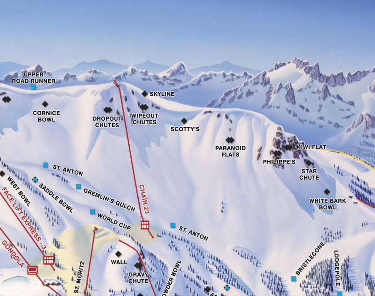 Trail map of the upper terrain of Skyline, Paranoid Flats and Philippe's at Mammoth
