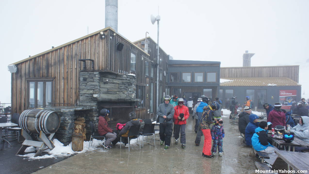 Happy hour on the outdoor patio at the main lodge at Treble Cone