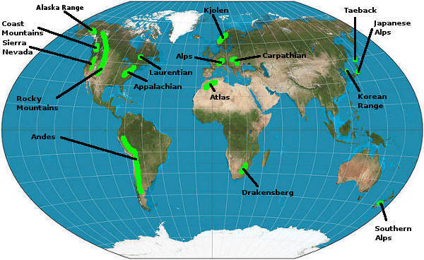 world map of ski mountain ranges, where ski resorts are found